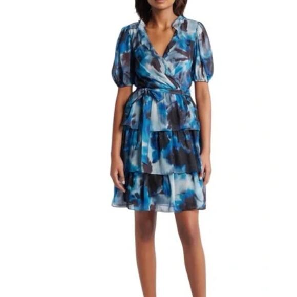 Julia Jordan Dress Womens Size 10 Blue Abstract Tiered Ruffle Romantic Feminine - Picture 1 of 14